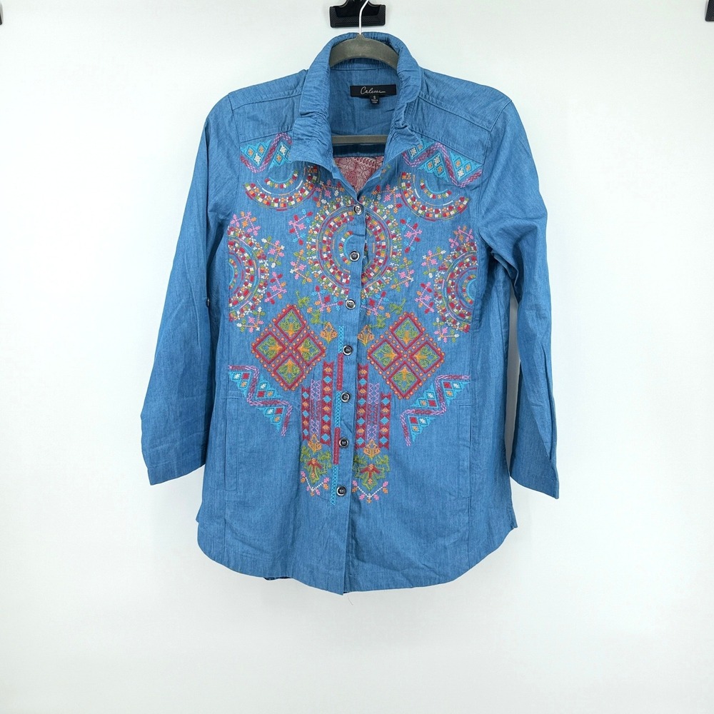 Caleaas Button Down Shirt Embroidered Boho Small Blue Womens Denim Look Top
